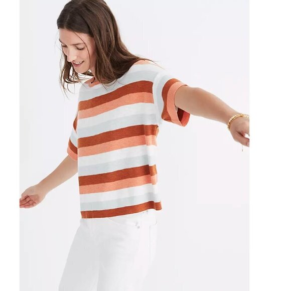 Madewell Light Knit Boxy Short Sleeve Cropped Sweater Top Amber Clay Stripe XXS - Picture 1 of 6